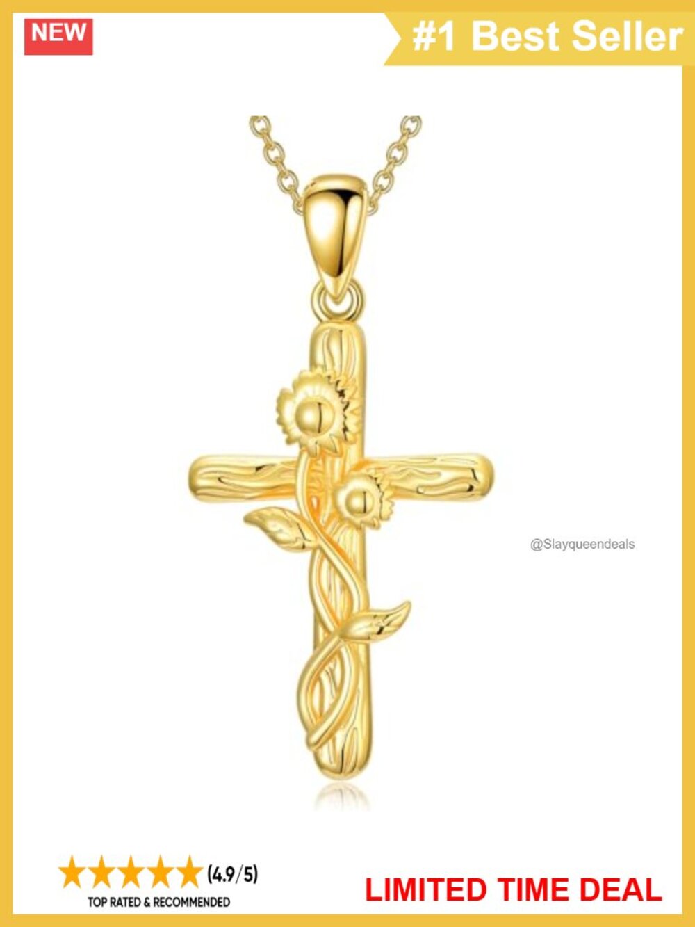 18K Gold Cross Necklace Sunflower Pendant Religious Jewelry Gift